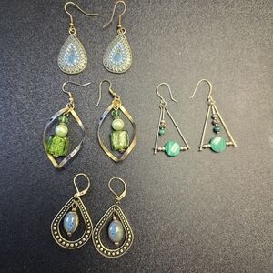 Green and Blue Teardrop & Geometric Dangle Earrings - Women Jewelry, 4 Pair